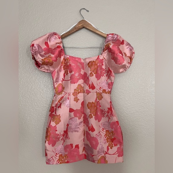 So Stunning Orange Multi Floral Jacquard Puff Sleeve Mini Dress - Picture 10 of 13